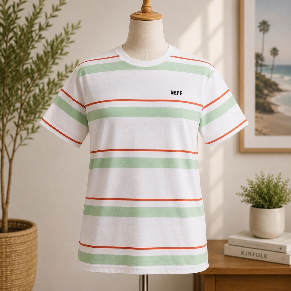 NWT Neff Classic Crew‎ T-Shirt Mens Large White Green Orange Striped Logo Tee